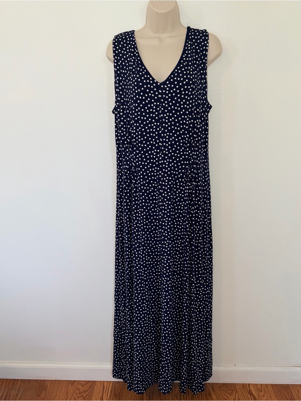 Coldwater Creek Navy and White Polka Dot Sleeveless Maxi Dress